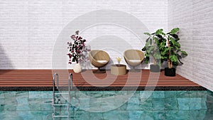 bamboo armchair and table on wooden floor swimming pool deck with small plant