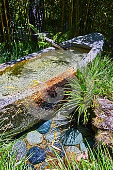 Bamboo around Shishi odoshi stone canoe with colorful cobblestones in Japanese Tea Garden