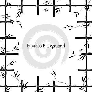 Bamboo background in the form of a window made of bamboo sticks. Black pattern of trellis and bamboo branches with leaves