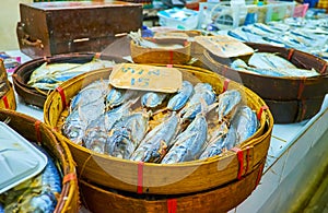 The bamboo baskets with mackerel, Tanin Market, Chiang Mai, Thailand