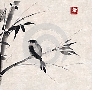 Bamboo and bird. Hand-drawn with ink.