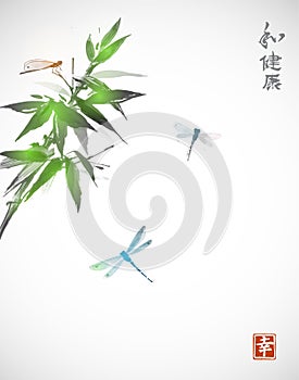 Bamboo branch and three dragonflies