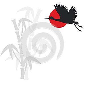 Bamboo branches and flying crane bird