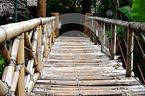 Bamboo bridge serves as footh path and decoration in an Asian aquatic jungle theme park