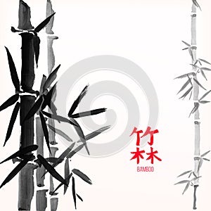 Bamboo bunch and leaves, chinese style painted card design template, background with copy space.