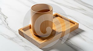 A bamboo cup and rectangular tray