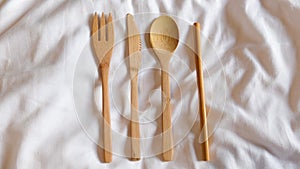 Bamboo cutlery set, ecological kitchen cutlery with knife, fork, spoon and straw