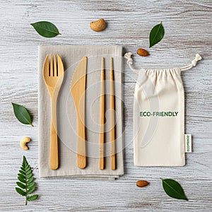 Bamboo cutlery set on a light