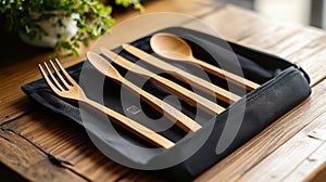 Bamboo cutlery set in a reusable pouch