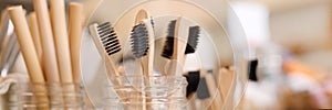 Bamboo Eco Friendly Biodegradable Wooden Toothbrush in Zero Waste Shop. No plastic Conscious Minimalism Vegan Lifestyle