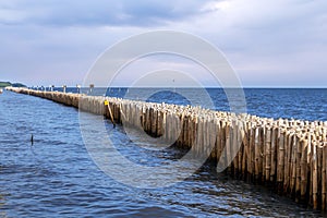 Bamboo fence wall is breakwater for protecting the shore and mangrove forest from wave erosion and storm in sea. Tranquil idyllic photo