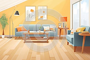 bamboo flooring in a modern living room, magazine style illustration