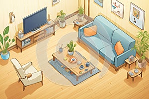 bamboo flooring in a modern living room, magazine style illustration