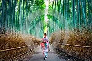 Bamboo Forest. Asian woman wearing japanese traditional kimono at Bamboo Forest in Kyoto, Japan