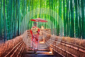 Bamboo Forest. Asian woman wearing japanese traditional kimono at Bamboo Forest in Kyoto, Japan