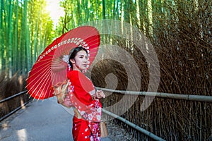 Bamboo Forest. Asian woman wearing japanese traditional kimono at Bamboo Forest in Kyoto, Japan