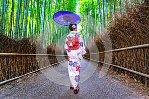 Bamboo Forest. Asian woman wearing japanese traditional kimono at Bamboo Forest in Kyoto, Japan