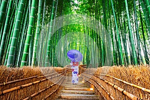 Bamboo Forest. Asian woman wearing japanese traditional kimono at Bamboo Forest in Kyoto, Japan