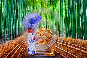 Bamboo Forest. Asian woman wearing japanese traditional kimono at Bamboo Forest in Kyoto, Japan