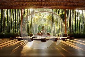 Bamboo forest and Buddha statue in the morning. 3d rendering, AI Generated photo