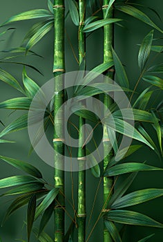 Bamboo forest natural background with bamboo stalks and leaves on green wall