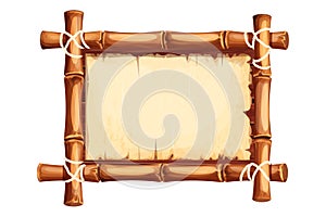 Bamboo frame with old parchment paper decorated with rope in cartoon style isolated on white background. Game ui board