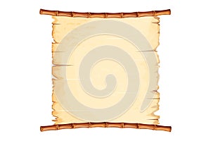 Bamboo frame with old parchment paper decorated with rope in cartoon style isolated on white background. Game ui board