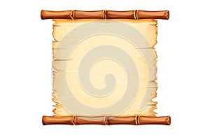 Bamboo frame with old parchment paper decorated with rope in cartoon style isolated on white background. Game ui board