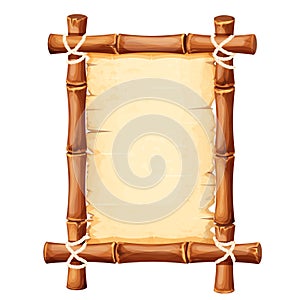 Bamboo frame with old parchment paper decorated with rope in cartoon style isolated on white background. Game ui board