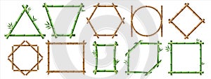 Bamboo frame. Realistic wooden borders with copy space, rustic geometric constructions. Green and brown segmented trunks