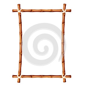 Bamboo frame from sticks and rope in cartoon style, border isolated on white background. Tribal panel, game menu.