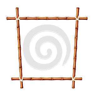 Bamboo frame from sticks and rope in cartoon style, border isolated on white background. Tribal panel, game menu.