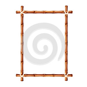 Bamboo frame from sticks and rope in cartoon style, border isolated on white background. Tribal panel, game menu.