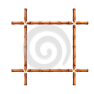 Bamboo frame from sticks and rope in cartoon style, border isolated on white background. Tribal panel, game menu.