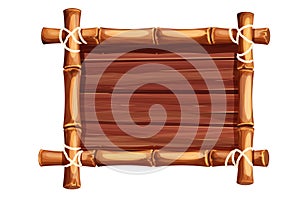 Bamboo frame from sticks and rope with wooden plank, desk in cartoon style, border isolated on white background. Tribal