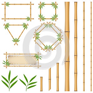 Bamboo frames made of green bamboo. Pieces and leaves of bamboo. Cartoon vector illustration of bamboo