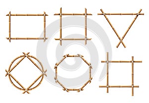 Bamboo frames. Wood stick banners of various shapes. Japanese rustic bamboo sign frame isolated vector set