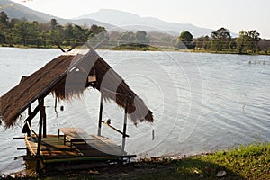 Bamboo hut lake side view