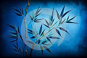 Bamboo illustration on blue concrete grunge wall. Generative AI, Generative, AI