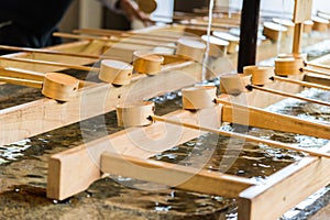 Bamboo Japanese purification ladle at entrance of Japanese Temple