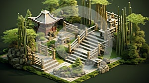 bamboo-lined path winding through a quiet, Zen garden, inviting contemplation and inner peace.