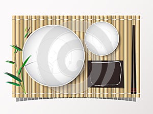 Bamboo mat and dish and chopsticks set lunch top view bakcground. vector illustration.