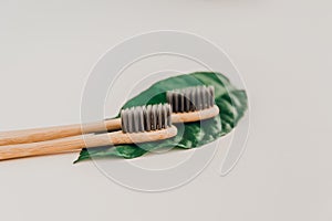 Bamboo natural toothbrushes and fresh leaves on pale background. Zero waste and plastic free concept