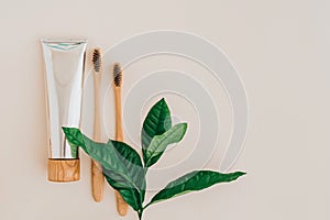 Bamboo natural toothbrushes, toothpaste and fresh leaves on pale background. Zero waste and plastic free concept