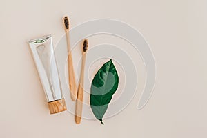 Bamboo natural toothbrushes, toothpaste and fresh leaves on pale background. Zero waste and plastic free concept