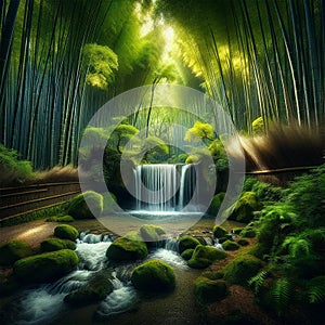 Bamboo Oasis - Majestic Waterfall in Lush Forest