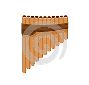 Bamboo pan flute from bound cylindrical pipes. Wooden panpipes. Folk Latin music instrument. Colored flat vector