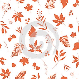 Autumn orange leaves silhouettes seamless vector pattern with white background.