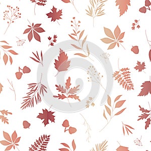 Autumn rose gold leaves silhouettes seamless vector pattern with white background.