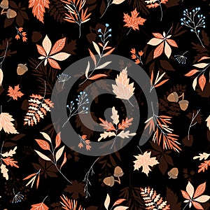 Autumn leaves seamless vector pattern with black textured background.
